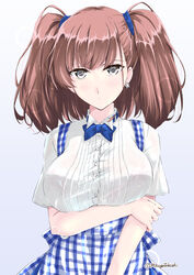  alternate_costume apron arm_under_breasts atlanta_(kancolle) black_eyes blue_apron blue_neckwear blush breasts brown_hair commentary_request earrings employee_uniform female gingham jewelry kantai_collection kobeya kobeya_uniform large_breasts long_hair looking_at_viewer mikage_takashi partial_commentary short_sleeves simple_background single_earring solo star_(symbol) star_earrings twitter_username two_side_up uniform 