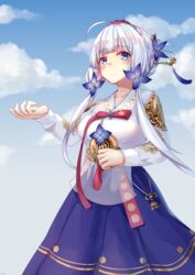  absurdres arm_up azur_lane blue_eyes blue_flower blue_skirt blue_sky blush braid breasts closed_mouth crown_braid female flower gradient_sky hair_flower hair_ornament hair_ribbon hanbok highres illustrious_(azur_lane) illustrious_(resplendent_hibiscus)_(azur_lane) korean_clothes large_breasts long_hair long_skirt long_sleeves looking_at_viewer official_alternate_costume ribbon skirt sky smile solo watchdog_rol_(y1104280730) wide_sleeves 