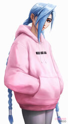  alternate_costume artist_name asymmetrical_bangs braid cheesewoo female grey_background grey_pants hair_over_one_eye highres hood hoodie jinx_(league_of_legends) league_of_legends long_hair long_sleeves looking_at_viewer pants pink_hoodie simple_background solo twin_braids 