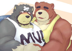  2020 animal_crossing anthro bear blush bon_donuts brown_body brown_fur closed_eyes clothing curt_(animal_crossing) cute_fangs duo fur hand_holding hi_res kemono male male/male mammal nintendo overweight overweight_male shirt teddy_(animal_crossing) text text_on_clothing text_on_shirt text_on_topwear topwear 