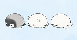  animal ayu_(mog) baby_penguin bear bird blue_background blush chibi emperor_penguin lying no_humans on_stomach original penguin polar_bear seal_(animal) signature simple_background 