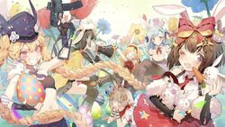  6+girls animal animal_ears animal_on_head assault_rifle bad_link breasts carrot cleavage easter easter_egg egg flower fnc_(girls&#039;_frontline) girls&#039;_frontline gun hair_ornament holding holding_gun holding_weapon m99_(girls&#039;_frontline) m9_(girls&#039;_frontline) megaphone multiple_girls official_alternate_costume official_art on_head playboy_bunny rabbit rabbit_ears rifle ro635_(girls&#039;_frontline) rose spas-12_(girls&#039;_frontline) sr-3mp sr-3mp_(girls&#039;_frontline) weapon 