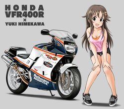  absurdres bike_shorts black_footwear black_shorts breasts brown_eyes brown_hair character_name cleavage commentary female flick_(sal23) grey_background hair_ornament hairclip hands_on_own_knees highres himekawa_yuki honda honda_vfr idolmaster idolmaster_cinderella_girls leaning_forward logo looking_at_viewer motor_vehicle motorcycle no_socks open_mouth pink_shirt romaji_text shadow shirt shoes short_shorts shorts simple_background smile sneakers solo standing straight-laced_footwear tank_top thigh_gap 