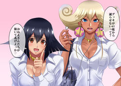  2girls :d absurdres apple_magician_girl bag black_hair blonde_hair blue_eyes breasts brown_eyes choker cleavage dark-skinned_female dark_skin duel_monster earbuds earphones earrings gradient_background gyaru highres index_finger_raised jewelry large_breasts lemon_magician_girl looking_at_viewer medium_hair multiple_girls muto_dt pink_background school_bag shirt smile speech_bubble star_(symbol) star_earrings translation_request upper_body white_shirt yu-gi-oh! 