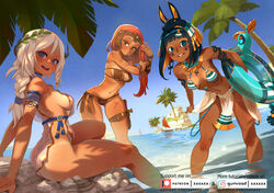  3girls amazon_warrior ancient_greek_clothes ankh ankh_earrings armlet beach bikini bikini_tan black_hair blue_eyes blue_sky bob_cut braid breasts brown_eyes choker colored_inner_hair commentary dagger dark-skinned_female dark_skin day earrings egyptian egyptian_clothes english_commentary eye_of_horus eyeliner eyepatch_bikini eyeshadow facial_tattoo forehead_protector gorget greco-roman_clothes green_eyes holster innertube jewelry knife laurel_crown leaning_forward long_hair looking_at_viewer makeup making-of_available medium_breasts multicolored_hair multiple_girls ocean orange_hair original outdoors paid_reward_available pelvic_curtain pink_hair revealing_clothes rock scar scar_on_arm scar_on_leg see-through see-through_skirt sheath sheathed sideboob single_braid sitting skirt sky small_breasts smile standing straight_hair strapless strapless_bikini striped_bikini striped_clothes swim_ring swimsuit tan tanlines tattoo teeth thigh_holster two-tone_hair upper_teeth_only wading water watermark weapon web_address white_hair xaxaxa 