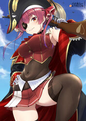  ass_visible_through_thighs bare_shoulders belt black_thighhighs blue_sky bodysuit breasts coat corsair crop_top eyepatch female gun hand_on_own_hip hat highres hololive houshou_marine houshou_marine_(1st_costume) lace lace-trimmed_legwear lace_trim large_breasts leotard leotard_under_clothes lo_xueming long_hair long_sleeves navel open_clothes open_coat over_shoulder pirate_hat red_eyes red_hair rifle see-through see-through_leotard skindentation skirt sky solo thighhighs virtual_youtuber weapon 