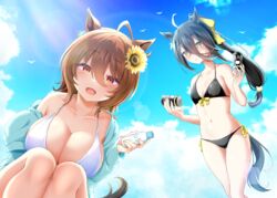  2girls :d absurdres agnes_tachyon_(umamusume) ahoge animal_ears bikini bird black_bikini black_hair blue_jacket blue_sky bottle breast_envy breasts brown_hair can cleavage cloud collarbone commentary_request day earrings flower front-tie_bikini_top front-tie_top hair_between_eyes hair_flower hair_ornament hair_ribbon highres holding holding_bottle holding_can horse_ears horse_girl horse_tail jacket jewelry large_breasts long_hair looking_at_viewer manhattan_cafe_(umamusume) multiple_girls nonexistent_memories_(jujutsu_kaisen) off_shoulder outdoors red_eyes ribbon ryochapu seagull short_hair side-tie_bikini_bottom single_bare_shoulder single_earring sky small_breasts smile squatting standing sunflower swimsuit tail umamusume very_long_hair white_bikini yellow_eyes yellow_ribbon 