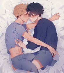  2boys bed bed_sheet black_hair blonde_hair blush closed_eyes grey_shirt grey_shorts haikyuu!! hand_on_another&#039;s_stomach highres indoors lying male_focus miya_atsumu multiple_boys on_side pillow sakusa_kiyoomi shirt short_hair shorts sleeping tiffyuumaeda under_covers yaoi 