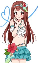  :o bad_id bad_pixiv_id bikini bikini_skirt blue_bow blue_hairband blush bow breasts brown_eyes brown_hair chobi_(penguin_paradise) cleavage commentary_request cowboy_shot female flower hair_flower hair_ornament hairband hairbow hand_up heart idolmaster idolmaster_million_live! long_hair looking_at_viewer medium_breasts mismatched_bikini navel parted_lips red_flower simple_background solo swimsuit tanaka_kotoha teeth upper_teeth_only very_long_hair white_background white_bikini 