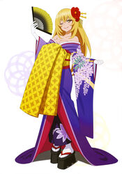  ;d absurdres blonde_hair breasts bright_pupils brown_eyes cleavage female floral_print flower full_body gloves hair_flower hair_ornament hand_fan highres holding holding_fan japanese_clothes kimono large_breasts long_hair long_sleeves looking_at_viewer off_shoulder one_eye_closed print_sleeves purple_kimono red_flower shokuhou_misaki smile socks solo standing star-shaped_pupils star_(symbol) straight_hair symbol-shaped_pupils tabi toaru_kagaku_no_railgun toaru_kagaku_no_railgun_t toaru_majutsu_no_index very_long_hair white_background white_gloves white_pupils white_socks wide_sleeves yoshida_yuuko_(animator) 