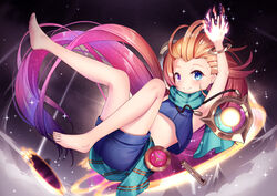  arm_up armpits bad_id bad_pixiv_id barefoot blue_eyes blue_shirt blue_shorts blush brown_hair commentary_request female gradient_background green_scarf highres league_of_legends long_hair looking_at_viewer multicolored_hair pink_hair scarf shirt shorts smile solo space striped_clothes striped_scarf yan_(nicknikg) zoe_(league_of_legends) 