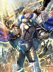  1boy areadbhar_(fire_emblem) armor belt blonde_hair blue_belt blue_cape blue_eyes breastplate cape clover_k commentary cowboy_shot crest_of_blaiddyd crowd dimitri_alexandre_blaiddyd english_commentary eyepatch fire_emblem fire_emblem:_three_houses fire_emblem_cipher fur-trimmed_cape fur_trim hair_between_eyes highres holding holding_polearm holding_weapon looking_at_viewer official_art outdoors pauldrons polearm short_hair shoulder_armor spear standing third-party_source weapon 