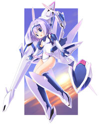  :d armored_boots blue_eyes blush boots commentary_request covered_navel elbow_gloves emurin exelica female flat_chest flying full_body gloves hair_between_eyes hairband leotard looking_at_viewer mecha_musume open_mouth purple_hair short_hair sky smile solo sun sunrise sunset trigger_heart_exelica white_gloves white_hairband white_leotard 