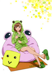  absurdres animal_costume animal_hood brown_eyes brown_hair cardigan cellphone collarbone female flip_phone frog_costume full_body gekota green_cardigan hair_ornament highres holding holding_phone hood hood_up hooded_cardigan long_sleeves looking_at_viewer medium_hair misaka_mikoto page_number phone pyonko sakamoto_tetsuya sitting slippers soles solo stuffed_animal stuffed_frog stuffed_toy toaru_kagaku_no_railgun toaru_kagaku_no_railgun_t toaru_majutsu_no_index white_background 