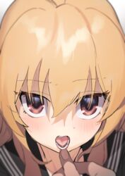  1other absurdres aisaka_taiga bangs black_sailor_collar black_serafuku black_shirt brown_eyes brown_hair close-up commentary_request dorontabi eyebrows_visible_through_hair face female finger_to_another&#039;s_mouth hair_between_eyes highres light_blush long_hair looking_at_viewer open_mouth sailor_collar school_uniform serafuku shirt solo_focus sweatdrop teeth toradora! 