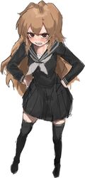  aisaka_taiga bad_id bad_twitter_id black_sailor_collar black_serafuku black_shirt black_skirt black_thighhighs blush brown_eyes brown_hair clenched_teeth commentary female full_body hands_on_own_hips highres long_hair long_sleeves neckerchief sailor_collar school_uniform serafuku shirt simple_background skirt solo standing sweatdrop teeth thighhighs toradora! white_background white_neckerchief yogu_(user_rxdx2445) 