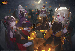  1boy 3girls bat_(animal) bat_wings black_cat black_hair blonde_hair bow castle crescent crescent_moon cross crossed_arms crossed_legs cup demon_tail feline fisheye furry gem ghost halloween highres jack-o&#039;-lantern jewelry long_hair looking_at_viewer mahjong_soul moon multiple_girls necklace necktie night nikaidou_miki official_art open_mouth red_bow red_eyes saucer scarecrow tail takubon teacup thighhighs tombstone twintails vampire wanjirou white_hair wings xenia yagi_yui yellow_eyes 