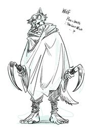  anthro beastars bottomwear canid canine canis claws cloak clothing cosplay crossover crossover_cosplay death_(puss_in_boots) dreamworks hi_res holding_object holding_weapon itagaki_paru legoshi_(beastars) male mammal pants puss_in_boots_(dreamworks) sickle solo toe_claws traditional_media_(artwork) weapon wolf 