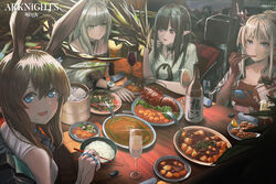  1other 4girls absurdres alcohol amiya_(arknights) animal_ear_fluff animal_ears arknights bad_id bad_pixiv_id bamboo_steamer baozi bottle bowl cabbage carrot chopsticks closure_(arknights) cup dim_sum dress drinking_glass eating food green_dress highres horns infection_monitor_(arknights) kal&#039;tsit_(arknights) lambda_(arknights) lobster material_growth meganeno_dokitsui mon3tr_(arknights) multiple_girls nian_(arknights) off-shoulder_jacket off_shoulder oripathy_lesion_(arknights) plate pointy_ears rabbit_ears rice rice_bowl sauce shirt soup t-shirt tofu wine wine_bottle wine_glass 