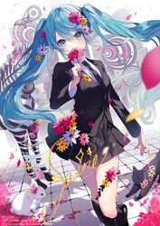  animal aqua_eyes aqua_hair aqua_nails artist_name black_cat black_jacket black_necktie black_skirt black_socks bug butterfly cat_stretch commentary countdown covering_own_mouth crypton_future_media falling_petals feet_out_of_frame feline female floating_hair flower flower_over_mouth hand_up hatsune_miku hatsune_miku_happy_16th_birthday_-dear_creators- holding holding_flower jacket kneehighs long_hair looking_at_viewer miniskirt nail_polish necktie petals piapro pink_flower pleated_skirt purple_flower rabbit saihate_(vocaloid) saine second-party_source shirt skirt socks solo speaker standing stretching suit suit_jacket tile_floor tiles twintails very_long_hair vocaloid white_butterfly white_shirt yellow_flower zebra 