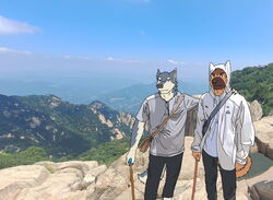  canid canine canis detailed_shading domestic_dog duo german_shepherd handbag herding_dog hi_res humanoid inugami_ei male mammal mountain pastoral_dog photo_background photography_(artwork) scenery standing wolf wolpha wolpha_(character) 