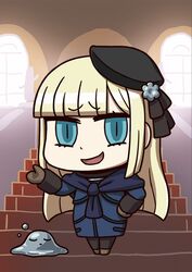  april_fools aqua_hair black_headwear blonde_hair brown_gloves chibi closed_eyes dragon_quest fate/grand_order fate_(series) female flower gloves grey_flower hand_on_own_hip hat highres liquid_metal_slime_(dq) long_hair long_sleeves looking_at_viewer lord_el-melloi_ii_case_files official_art open_mouth pantyhose reines_el-melloi_archisorte riyo_(lyomsnpmp) smile smirk solo_focus stairs trimmau_(fate) 