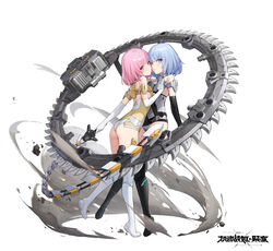  2girls alche_(benruce) artery_gear artery_gear:_fusion black_gloves black_socks blue_eyes blue_hair character_request check_character commentary_request copyright_name crossover elbow_gloves frame_arms_girl gloves highres holding holding_weapon materia_(frame_arms_girl) materia_kuro materia_shiro medium_hair multiple_girls official_art pink_eyes pink_hair siblings socks tachi-e twins weapon white_background white_gloves white_socks 