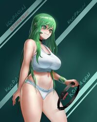  @_@ bags_under_eyes blush breasts choker cowboy_shot danceagainart english_commentary female green_eyes green_hair green_nails highres holding indie_virtual_youtuber koopa_fortuna large_breasts long_hair midriff navel ring-con ring_fit_adventure solo sports_bikini standing sweat virtual_youtuber wristband 