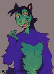  2021 alien anthro belly blue_hair brown_background dark_hair digital_media_(artwork) domestic_cat felid feline felis fur green_belly green_body green_face green_fur green_hands hair half-length_portrait hi_res hooligan_(videonastyz) lykoi male mammal open_mouth open_smile portrait purple_body purple_fur simple_background slightly_chubby smile solo teeth videonastyz yellow_eyelids yellow_inner_ear 