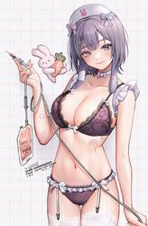  10_plus ambi_(vtuber) animal_ears bandaged_ear bandaid_on_ear blue_eyes blush bow bow_bra bow_choker bra breasts carrot choker cleavage collarbone commentary commission cowboy_shot female floral_print flower_tattoo frilled_panties frills garter_straps grid_background hand_up hat head_tilt heterochromia highres holding holding_syringe indie_virtual_youtuber intravenous_drip lace-trimmed_bra lace-trimmed_panties lace_trim large_breasts looking_at_viewer lop_rabbit_ears medium_hair navel nurse_cap panties purple_bra purple_hair purple_panties rabbit rabbit_ears red_eyes skeb_commission smile solo stomach symbol-only_commentary syringe tattoo thighhighs twitter_username underwear underwear_only virtual_youtuber white_choker white_hat white_thighhighs 