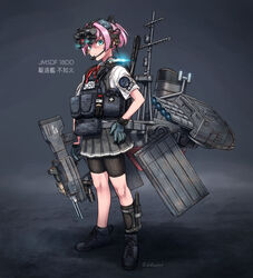  aqua_eyes asymmetrical_legwear bike_shorts black_footwear black_gloves black_legwear black_skirt black_vest blue_eyes boots commentary_request cross-laced_footwear didloaded dress_shirt female gloves gun headgear highres japan_maritime_self-defense_force japan_self-defense_force js_shiranui_(kancolle) kantai_collection kneehighs lace-up_boots looking_at_viewer machinery military neck_ribbon night_vision_device pink_hair pleated_skirt ponytail red_ribbon ribbon rifle school_uniform shiranui_(jmsdf) shiranui_(kancolle) shirt short_hair short_sleeves shorts shorts_under_skirt single_kneehigh single_sock skirt socks solo torpedo_launcher uneven_legwear vest weapon white_shirt 