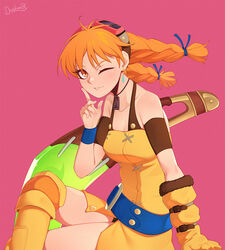  aika_(eternal_arcadia) bad_id bad_twitter_id belt boomerang braid breasts darahan dress earrings english_commentary eternal_arcadia female flight_goggles gloves goggles jewelry long_hair medium_breasts one_eye_closed open_mouth orange_hair single_glove smile solo twin_braids weapon yellow_dress 