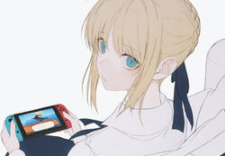  ahoge animal_crossing artoria_pendragon_(fate) blonde_hair braid dress fate/stay_night fate_(series) female from_behind green_eyes hair_ribbon handheld_game_console holding holding_handheld_game_console looking_at_viewer looking_back nintendo_switch playing ribbon saber_(fate) short_hair simple_background sitting solo wanke white_background 