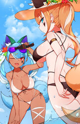  2girls absurdres andou_inari andou_inari_official android animal_ears ass back bikini black_bikini blue_eyes blue_hair breasts butt_crack choumi_wuti_(xueye_fanmang_zhong) cleavage dark_skin dutch_angle eyewear_on_head facial_mark fox_ears fox_girl fox_tail from_behind front-tie_bikini_top front-tie_top hat highres joints large_breasts leaning_forward long_hair looking_at_viewer looking_back low_twintails mecha_musume mechanical_ears multicolored_hair multiple_girls nape navel nijisanji one_eye_closed open_mouth orange_hair outdoors ponytail red_eyes robot_joints side-tie_bikini_bottom sideboob sidelocks sky smile strap_gap sun_hat sunglasses swept_bangs swimsuit tail tan thigh_gap thigh_strap twintails two-tone_hair underboob virtual_youtuber virtuareal wading water white_bikini 