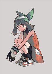  bandana bare_arms bike_shorts brown_hair closed_mouth commentary_request dress eyelashes female full_body gloves green_bandana grey_background highres ittumozzz looking_at_viewer may_(pokemon) medium_hair orange_dress pokemon pokemon_emerald pokemon_rse shoes simple_background sleeveless sleeveless_dress socks solo squatting 