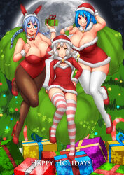  2015 3girls absurdres alternate_costume animal_ears blue_eyes blue_hair borrowed_character breasts christmas christmas_present christmas_tree curvy erkaz fallecimiento_melodia gift grey_hair hat highres huge_breasts inchou_(kaitsu_tokiyas) leotard moon multiple_girls night night_sky original pantyhose playboy_bunny pointy_ears purple_eyes rabbit_ears red_leotard rina_atherina santa_hat sky small_breasts striped_clothes striped_thighhighs thick_thighs thighhighs thighs watashi_no_inchou_desu!! white_hair white_legwear 