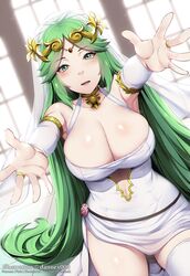  blush breasts bridal_veil cleavage dannex009 detached_sleeves female forehead_jewel green_eyes green_hair highres kid_icarus laurel_crown long_hair looking_at_viewer palutena shiny_skin single_thighhigh solo thighhighs tiara veil white_thighhighs 