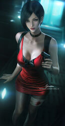  ada_wong artist_name bandaged_leg bandages black_choker black_hair bracelet breasts choker cleavage collarbone cowboy_shot dress female grey_eyes gun handgun holding holding_gun holding_weapon indoors jewelry looking_at_viewer medium_breasts nose pantyhose patreon_username red_dress resident_evil resident_evil_2 short_dress short_hair sleeveless sleeveless_dress solo swept_bangs weapon wickellia 