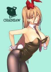  absurdres alternate_costume animal_ears between_breasts black_leotard black_pantyhose blonde_hair blush breasts chainsaw_man cross-shaped_pupils detached_collar female green_background grin hair_between_eyes hand_on_own_hip hatakenaka_(kamagabuchi) highres large_breasts leaning_forward leotard long_hair looking_at_viewer necktie necktie_between_breasts pantyhose pink_necktie playboy_bunny power_(chainsaw_man) rabbit_ears sharp_teeth simple_background smile solo symbol-shaped_pupils teeth wrist_cuffs 