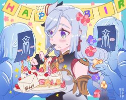  birthday birthday_cake blue_eyes blue_hair blush braid cake commentary envelope female flower food fork genshin_impact hair_flower hair_ornament highres kippeijii long_hair low-braided_long_hair low-tied_long_hair shenhe&#039;s_talisman_spirit_(genshin_impact) shenhe_(genshin_impact) solo sweat utensil_in_mouth 