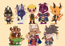  2020 absurd_res accidhunny animal_crossing anthro asian_clothing bottomwear brown_body brown_fur canid canine canis chibi closed_eyes clothing domestic_cat domestic_dog east_asian_clothing eyewear felid feline felis fundoshi fur group gyobu&#039;s_underlings gyobu_(tas) hi_res horn human japanese_clothing lagomorph leporid lifewonders male mammal marchosias_(tas) nintendo pants rabbit raccoon_dog robe scar shino_(tas) shirt simple_background slightly_chubby suid suina sunglasses sus_(pig) suzuka_(tas) tanuki tetsuox_(tas) tetsuya_(tas) tokyo_afterschool_summoners topwear underwear weapon white_clothing white_fundoshi white_underwear wild_boar wolf 