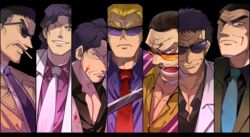  6+boys absurdres atsuize_pen-chan black_background black_eyes black_hair black_necktie black_shirt blazer blonde_hair blood blood_on_face blue_necktie brown_coat cigarette closed_mouth coat column_lineup commentary_request copyright_request endou_yuuji facial_hair frown fukumoto_mahjong glint goatee grin harada_katsumi highres inudori itakura_(tobaku_haouden_zero) jacket kaiji katana kurosaki_yoshihiro letterboxed looking_at_viewer male_focus multiple_boys necktie open_mouth orange-tinted_eyewear pink_shirt purple-tinted_eyewear sawada_(ten) shirt short_bangs short_hair smile smoking suezaki_sakura suit sunglasses sword teeth ten_(manga) tinted_eyewear tobaku_haouden_zero upper_body v-shaped_eyebrows very_short_hair wavy_hair weapon white_jacket white_necktie yamazaki_(atsuize_pen-chan) yellow_shirt 