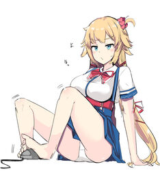  akai_haato akai_haato_(1st_costume) aqua_eyes bare_legs barefoot between_feet blonde_hair breasts commentary_request computer_mouse female full_body hair_ornament heart heart_hair_ornament holding_with_feet hololive ippongui large_breasts legs long_hair motion_lines one_side_up panties pantyshot solo sweatdrop thighs toes underwear very_long_hair virtual_youtuber white_panties 