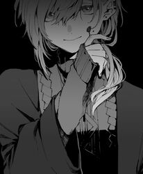  1boy bad_id bad_twitter_id blood blood_on_face closed_mouth ear_piercing greyscale hair_between_eyes hair_over_shoulder highres jacket jewelry kanae_(8th_costume)_(nijisanji) kanae_(nijisanji) long_hair long_sleeves low_ponytail maki_keigo male_focus mole mole_under_eye monochrome nijisanji piercing ponytail simple_background solo sweater upper_body virtual_youtuber 