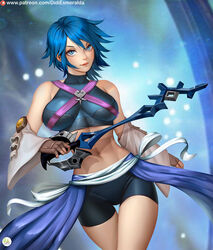  adapted_costume aqua_(kingdom_hearts) bare_shoulders bike_shorts black_shorts blue_eyes blue_hair breasts cowboy_shot crop_top detached_sleeves didi_esmeralda female fingerless_gloves gloves grey_gloves hair_between_eyes halter_shirt halterneck highres holding holding_weapon keyblade kingdom_hearts kingdom_hearts_iii large_breasts looking_at_viewer midriff navel rainfell short_hair shorts solo waist_sash weapon white_sleeves wide_sleeves 