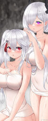  2girls absurdres artist_name blurry blurry_background blush braid breasts cleavage commentary_request covered_navel crown_braid depth_of_field hair_ornament hair_over_one_eye heart heart-shaped_pupils highres horns huge_breasts large_breasts li_zhiheng lu_xiaoyu multiple_girls my_harem_grew_so_large_i_was_forced_to_ascend naked_towel pink_eyes red_eyes sitting skindentation steam symbol-shaped_pupils tassel towel twintails tying_hair weibo_watermark wet white_hair yun_youyou 