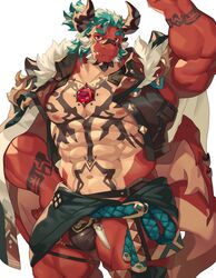  1boy abs absurdres another_eidos-r atmos_(another_eidos) bara blue_hair chest_jewel dragon_boy dragon_horns dragon_tail dragon_wings fang_out furry furry_male gem hand_on_own_hip hand_up highres horns male_focus muscular muscular_male navel oerba_yun_fang pectorals ponytail red_eyes red_gemstone tail tattoo white_background wings yed_(yedsilent) 