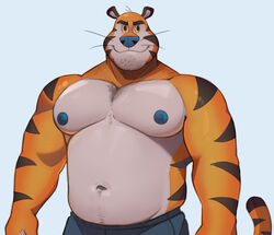  2023 anthro areola beard biceps black_body black_fur black_stripes blue_nose body_hair bottomwear chest_hair clothed clothing digital_media_(artwork) eyebrows facial_hair felid frosted_flakes fur hi_res kellogg&#039;s male mammal mascot musclegut muscular muscular_anthro muscular_male navel nipples orange_body orange_fur pantherine pants pecs simple_background smile solo striped_body striped_fur stripes tail tiger tony_the_tiger topless whiskers white_body white_fur zcdartz 