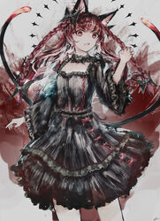  +_+ adapted_costume animal_ear_fluff animal_ears black_bow black_bowtie bow bowtie braid breasts bright_pupils brooch cat_ears cat_tail cleavage dress feet_out_of_frame female frills green_dress grey_background hairbow hand_up highres jewelry kaenbyou_rin long_hair looking_at_viewer medium_breasts nail_polish nekomata oerba_yun_fang open_mouth red_eyes red_hair red_nails simple_background skin_fang sleeves_past_elbows solo standing tail tonan_(l0l0l0l0l0l) touhou twin_braids twintails very_long_hair wide_sleeves 