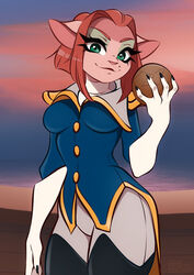  2020 alien anthro captain_amelia clothing dannyckoo disney felid female green_eyes hair hi_res holding_object looking_at_viewer mammal markings mole_(marking) smile solo treasure_planet uniform water 